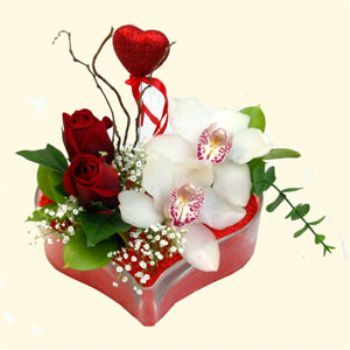  Mu hediye sevgilime hediye iek  1 kandil orkide 5 adet kirmizi gl mika kalp